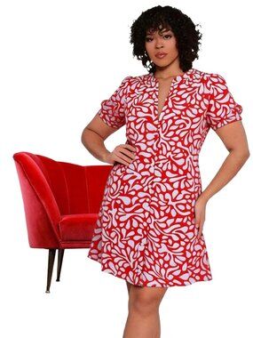 LOFT Women’s Rio Red White Floral Balloon Sleeve Button Swing Dress Sz Large